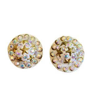 Vintage Leather 80s Rhinestone & Star Studded Clip Earrings (A2791)